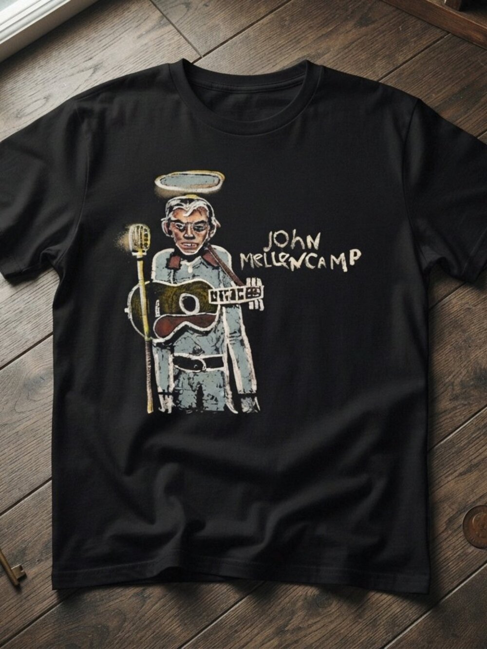 John Mellencamp Folk Art Style Graphic Black T-Shirt